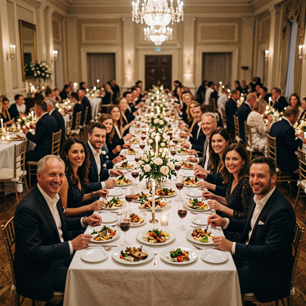 Company-wide celebration with guests seated at long tables